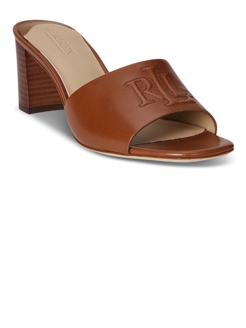 Ralph Lauren Brown Leather Block Heel Slide Sandals brand new